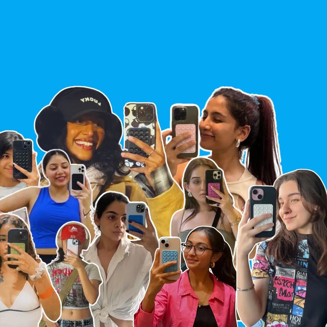 Stickypod (mobile suction) attached to a phone and stuck to a mirror, showcasing its versatility and hands-free convenience for content creators, similar to Octobuddy.