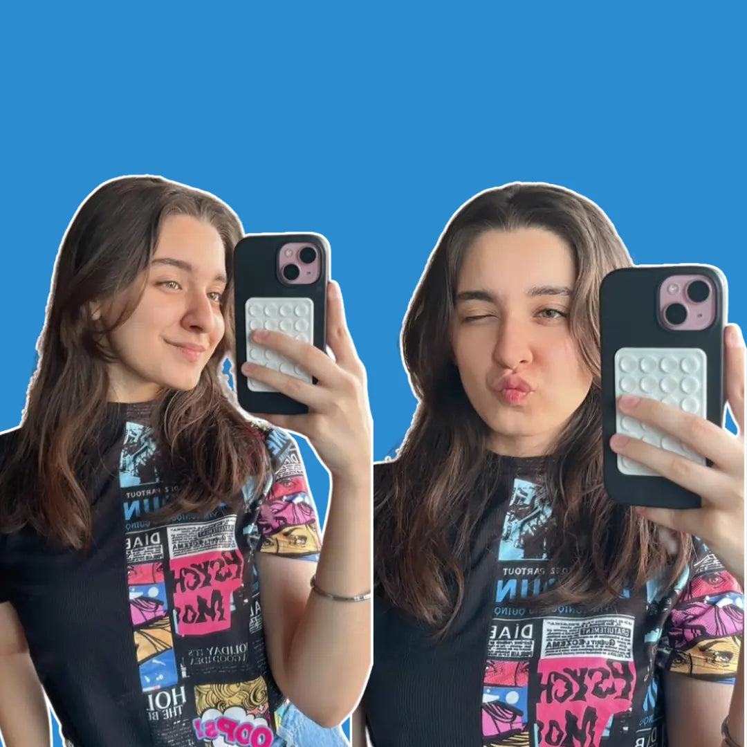 Content creator and actor Naisha Khanna showcasing the Squircle Navy Stickypod, a versatile mobile suction phone accessory, similar to Octobuddy, designed to stick securely to smooth surfaces for hands-free content creation and productivity